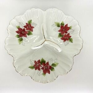 VTG Christmas Poinsettia 3-Section Divided Serving Dish Gold Trim Scalloped Hand